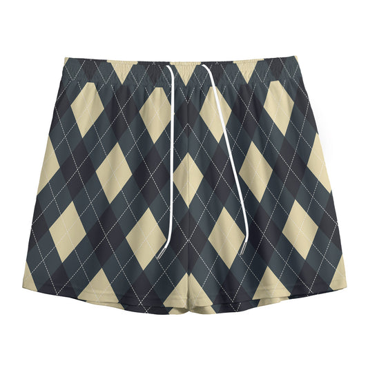 Spruce Blue And Beige Argyle Print Mesh Shorts