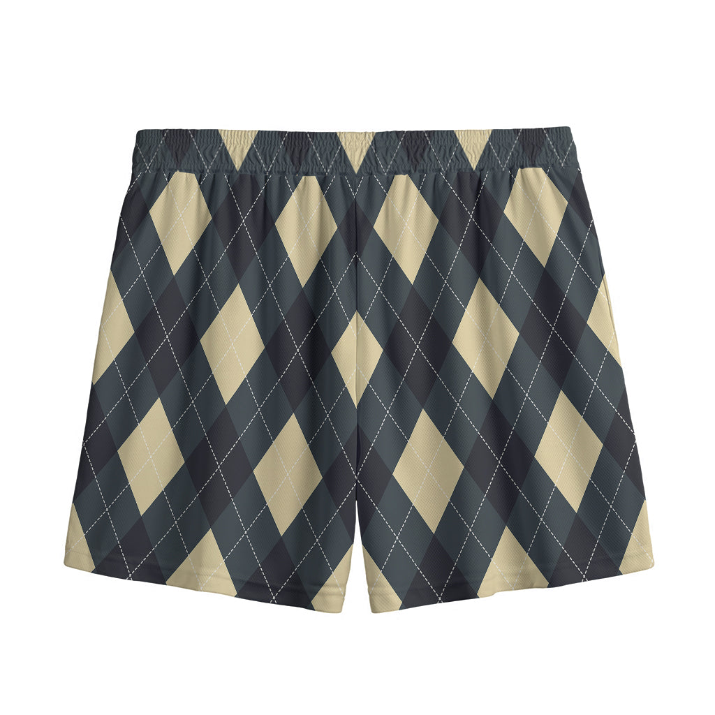 Spruce Blue And Beige Argyle Print Mesh Shorts