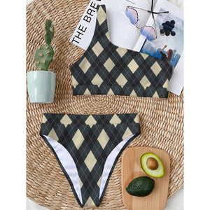 Spruce Blue And Beige Argyle Print One Shoulder Bikini Top