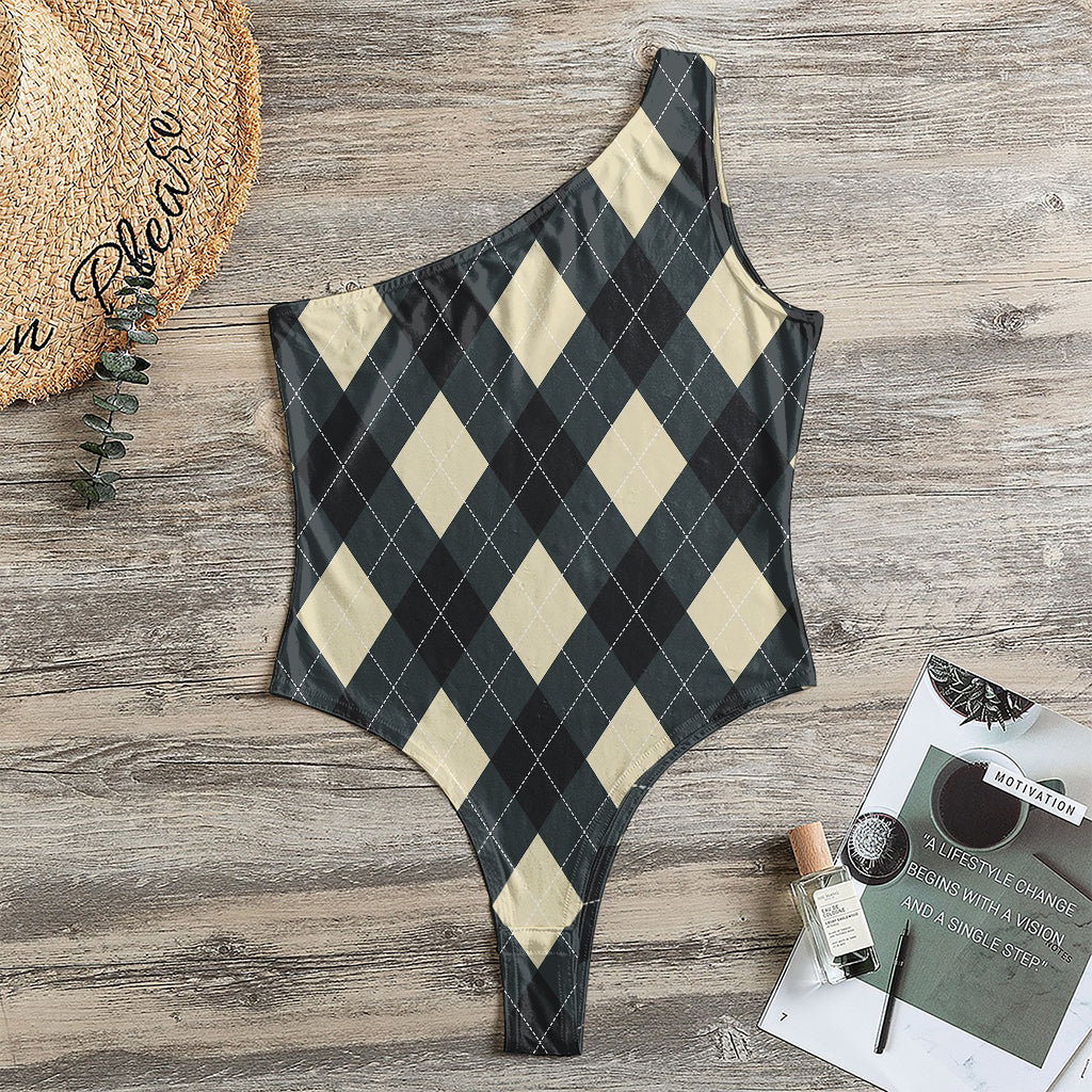 Spruce Blue And Beige Argyle Print One Shoulder Bodysuit