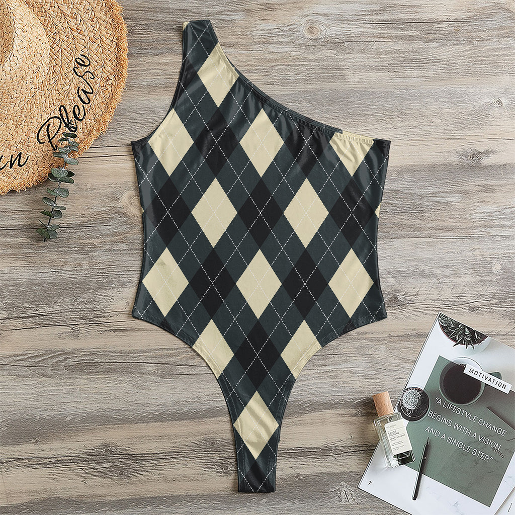 Spruce Blue And Beige Argyle Print One Shoulder Bodysuit