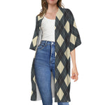 Spruce Blue And Beige Argyle Print Open Front Beach Cover Up