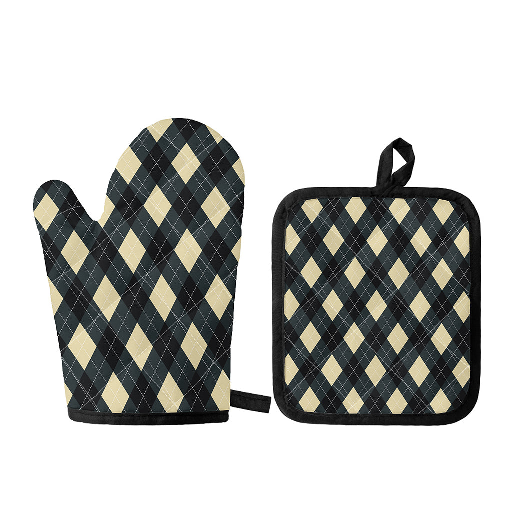 Spruce Blue And Beige Argyle Print Oven Mitt And Pot Holder Set