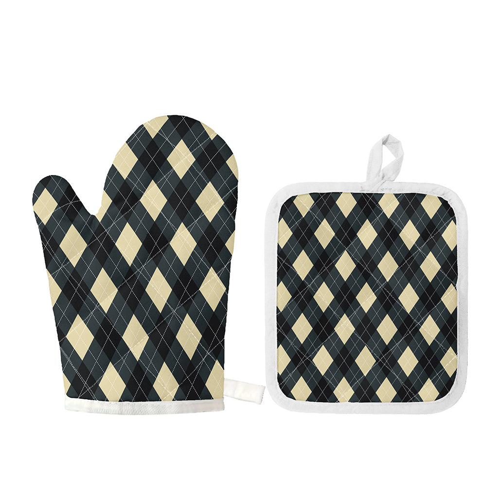 Spruce Blue And Beige Argyle Print Oven Mitt And Pot Holder Set