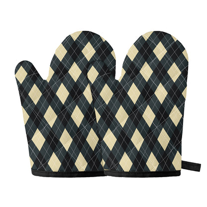 Spruce Blue And Beige Argyle Print Oven Mitts
