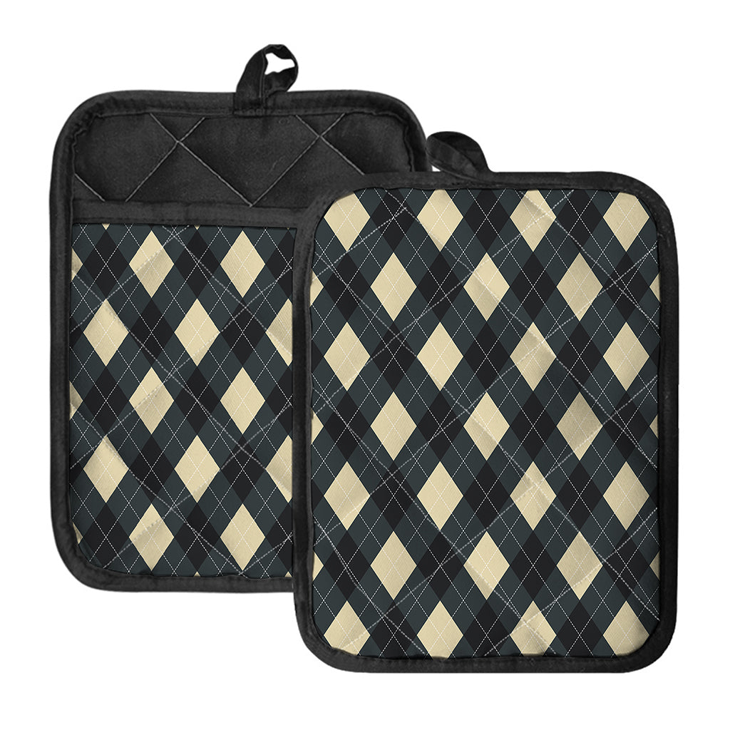 Spruce Blue And Beige Argyle Print Pot Holders With Pocket