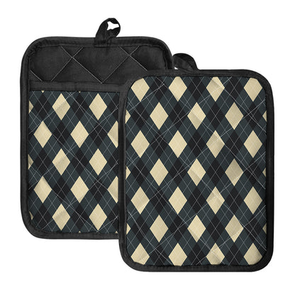 Spruce Blue And Beige Argyle Print Pot Holders With Pocket