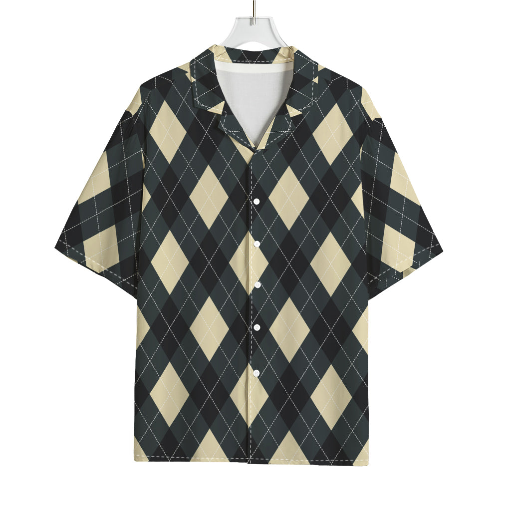 Spruce Blue And Beige Argyle Print Rayon Hawaiian Shirt