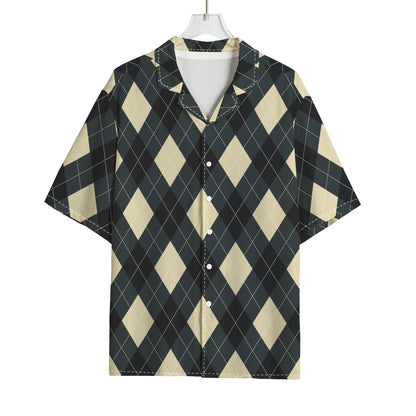 Spruce Blue And Beige Argyle Print Rayon Hawaiian Shirt