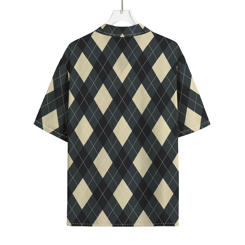 Spruce Blue And Beige Argyle Print Rayon Hawaiian Shirt