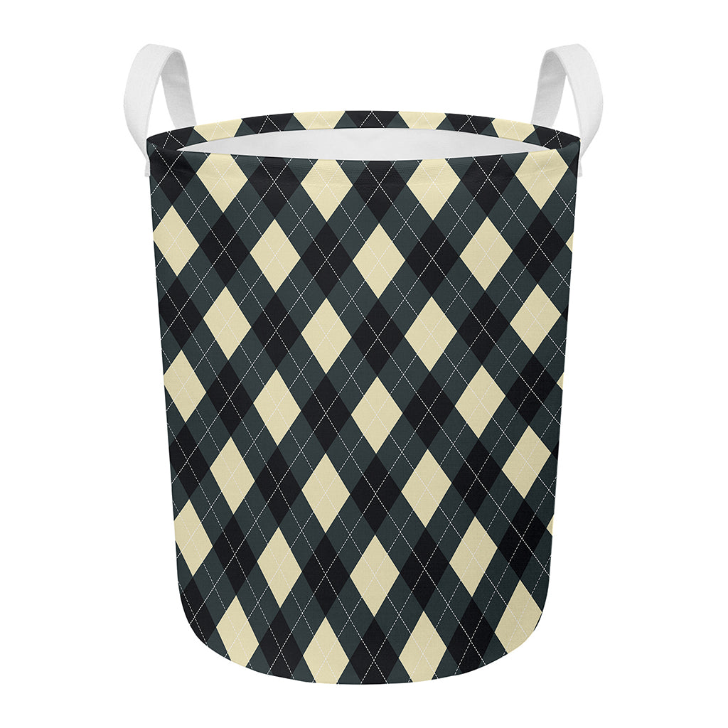 Spruce Blue And Beige Argyle Print Round Laundry Basket
