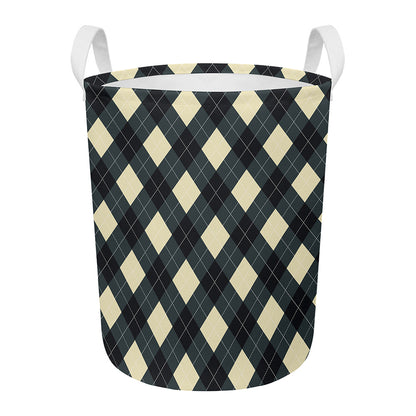 Spruce Blue And Beige Argyle Print Round Laundry Basket