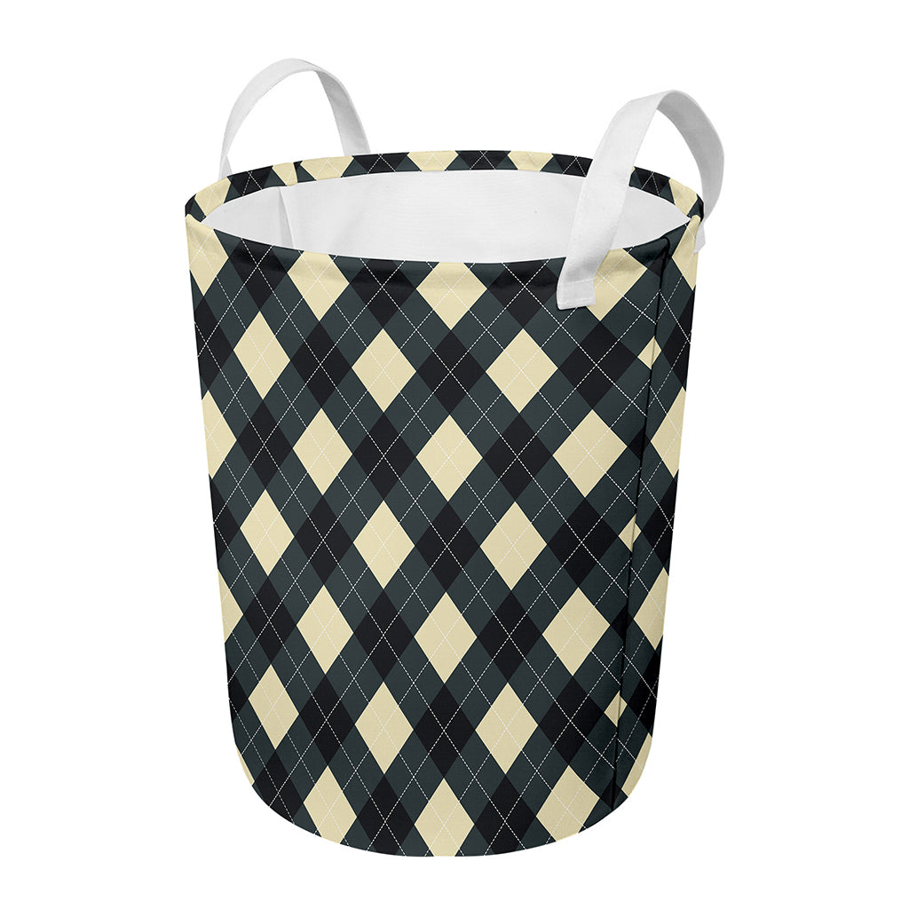 Spruce Blue And Beige Argyle Print Round Laundry Basket