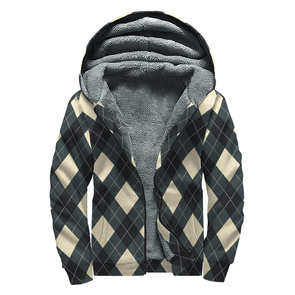 Spruce Blue And Beige Argyle Print Sherpa Lined Zip Up Hoodie