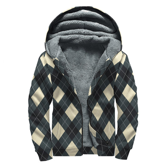 Spruce Blue And Beige Argyle Print Sherpa Lined Zip Up Hoodie