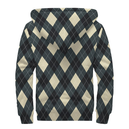 Spruce Blue And Beige Argyle Print Sherpa Lined Zip Up Hoodie