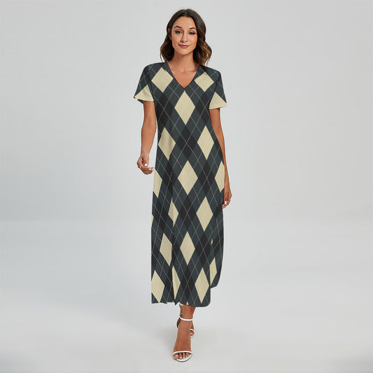 Spruce Blue And Beige Argyle Print Short Sleeve Maxi Dress