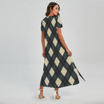 Spruce Blue And Beige Argyle Print Short Sleeve Maxi Dress
