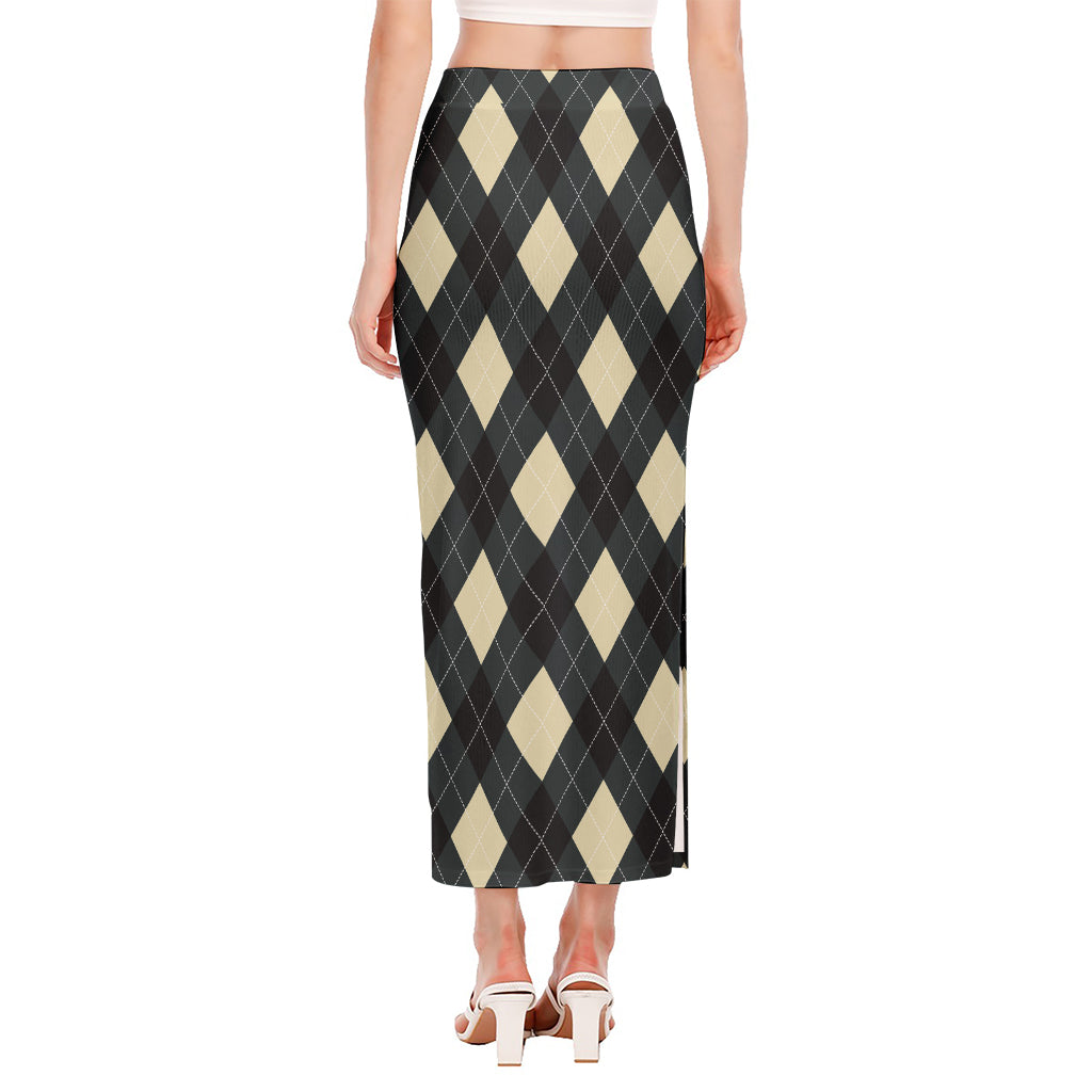 Spruce Blue And Beige Argyle Print Side Slit Maxi Skirt