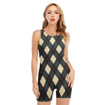 Spruce Blue And Beige Argyle Print Sleeveless One Piece Swimsuit