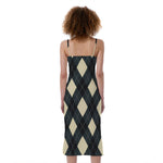 Spruce Blue And Beige Argyle Print Slim Fit Midi Cami Dress