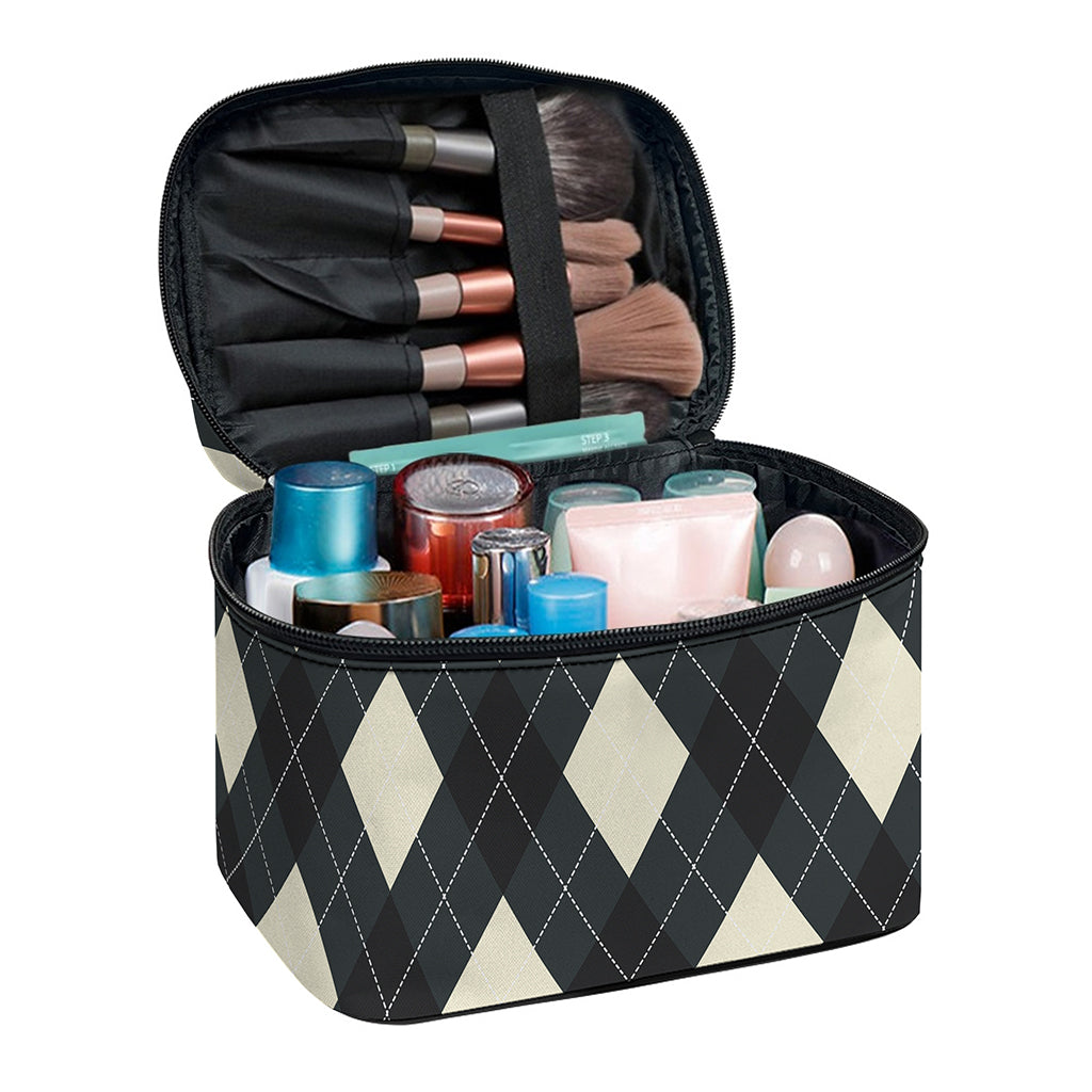Spruce Blue And Beige Argyle Print Travel Makeup Bag