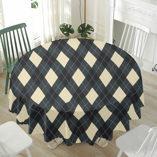 Spruce Blue And Beige Argyle Print Waterproof Round Tablecloth