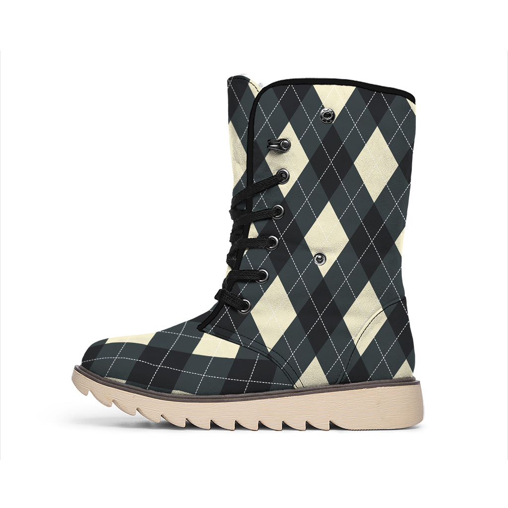 Spruce Blue And Beige Argyle Print Winter Boots