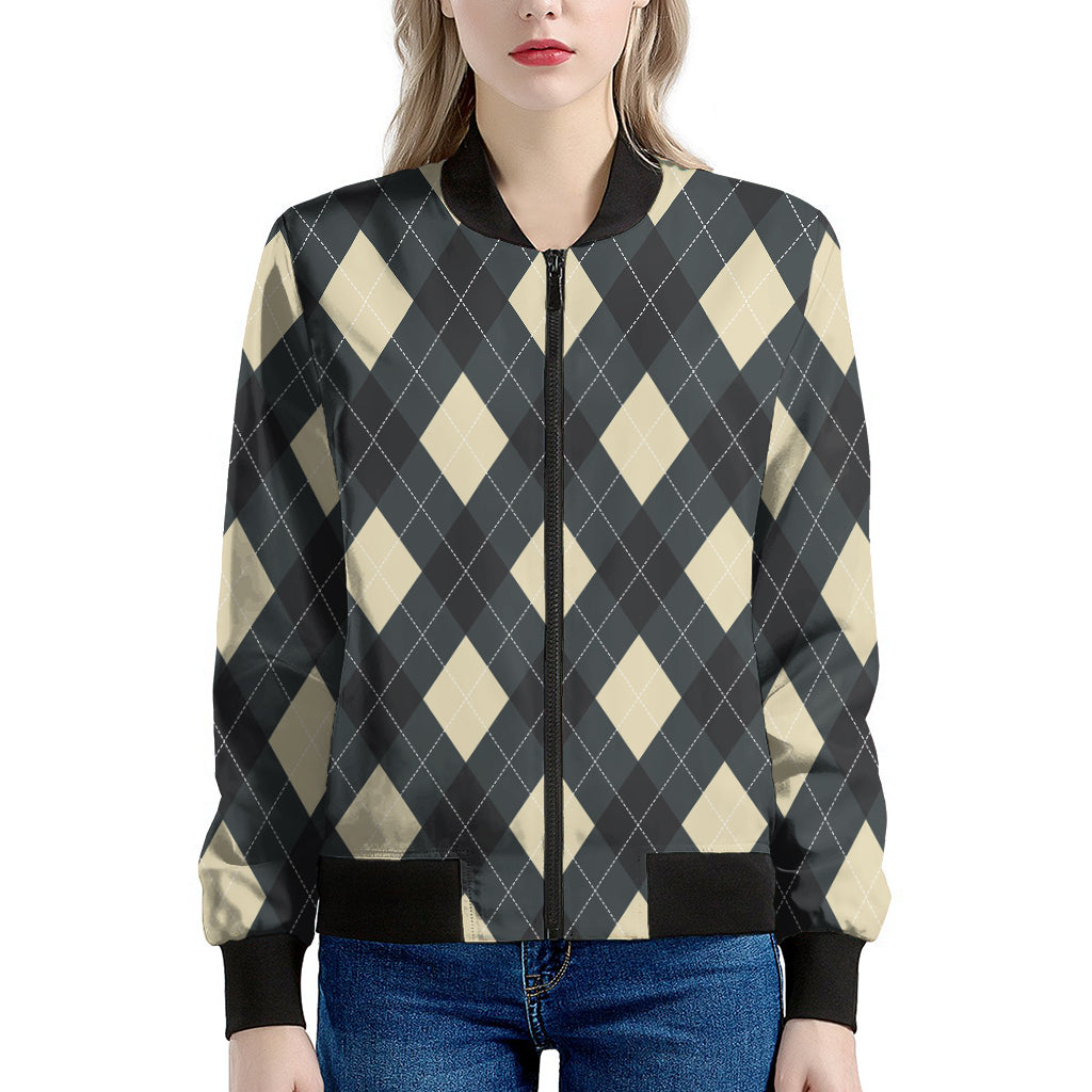 Spruce Blue And Beige Argyle Print Women's Bomber Jacket