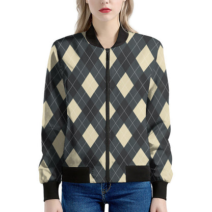 Spruce Blue And Beige Argyle Print Women's Bomber Jacket
