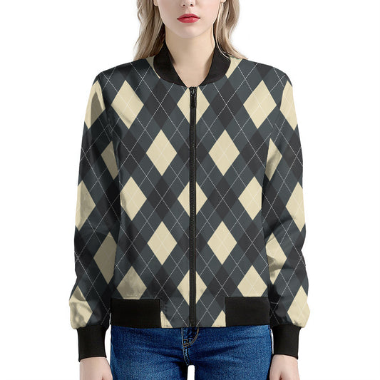 Spruce Blue And Beige Argyle Print Women's Bomber Jacket