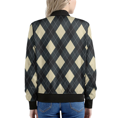 Spruce Blue And Beige Argyle Print Women's Bomber Jacket