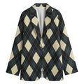 Spruce Blue And Beige Argyle Print Women's Cotton Blazer