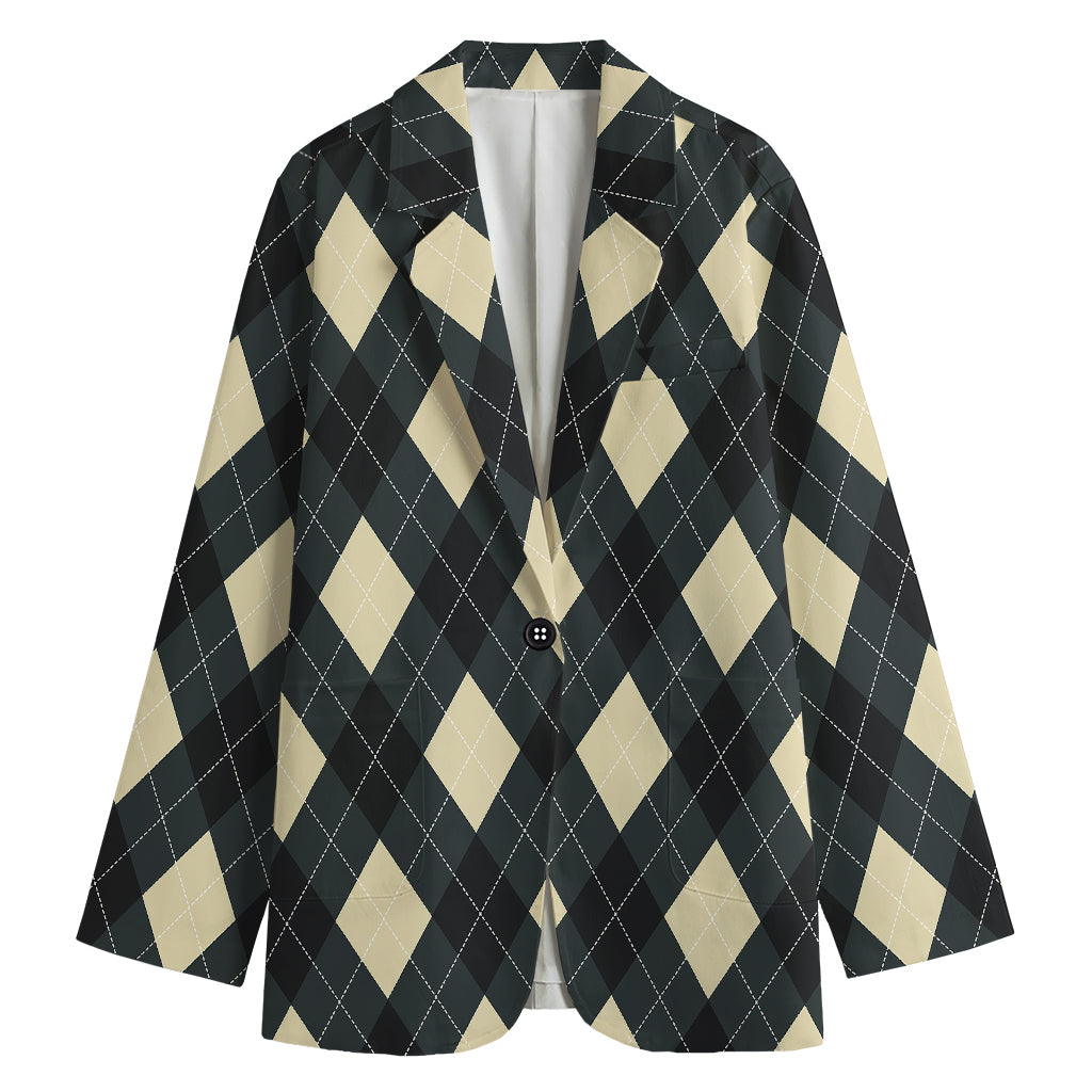 Spruce Blue And Beige Argyle Print Women's Cotton Blazer