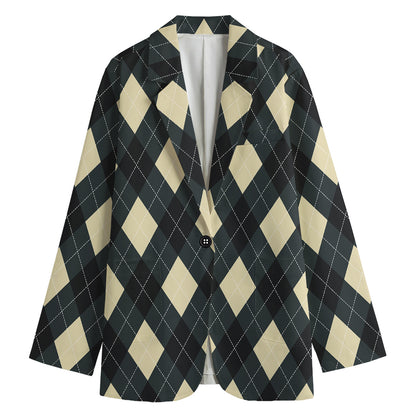 Spruce Blue And Beige Argyle Print Women's Cotton Blazer