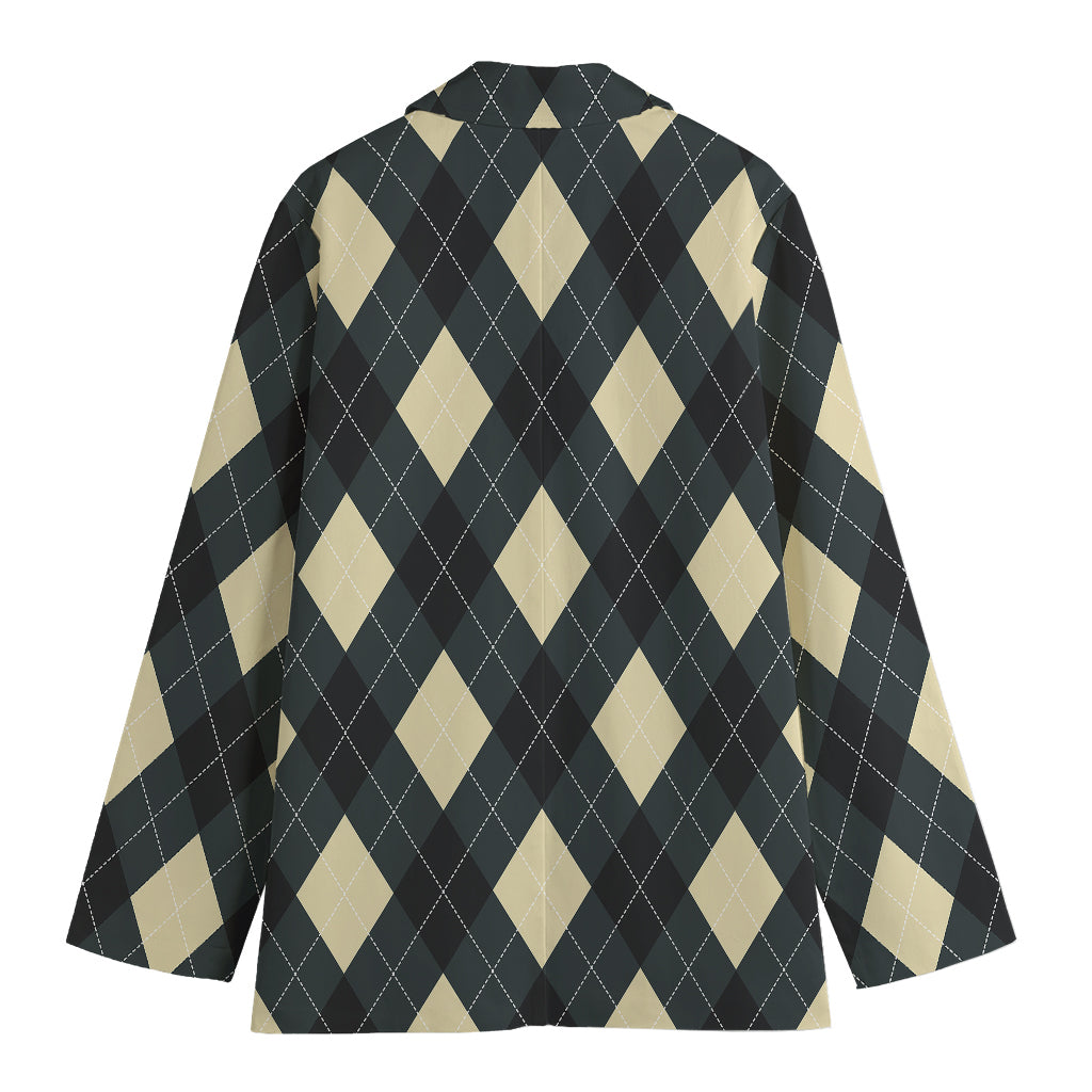 Spruce Blue And Beige Argyle Print Women's Cotton Blazer