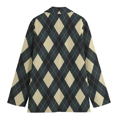 Spruce Blue And Beige Argyle Print Women's Cotton Blazer