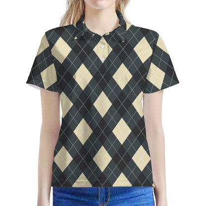 Spruce Blue And Beige Argyle Print Women's Polo Shirt