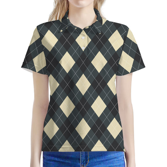 Spruce Blue And Beige Argyle Print Women's Polo Shirt