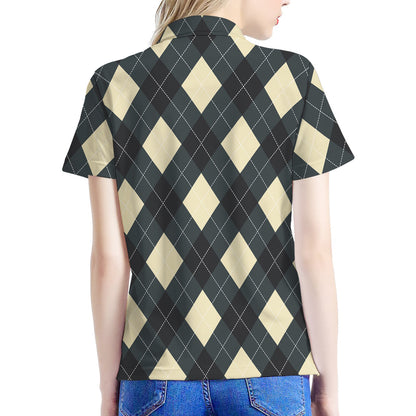 Spruce Blue And Beige Argyle Print Women's Polo Shirt