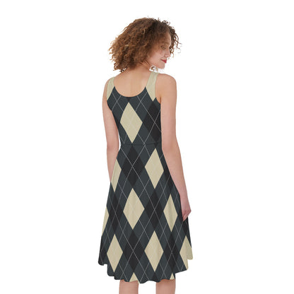 Spruce Blue And Beige Argyle Print Women's Sleeveless Dress