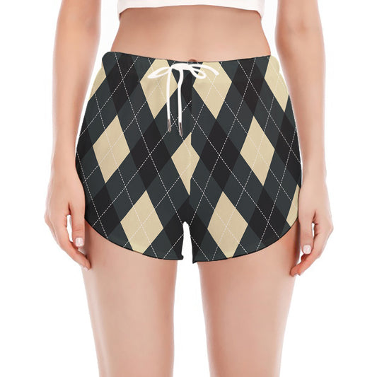 Spruce Blue And Beige Argyle Print Women's Split Running Shorts