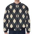 Spruce Blue And Beige Argyle Print Zip Sleeve Bomber Jacket