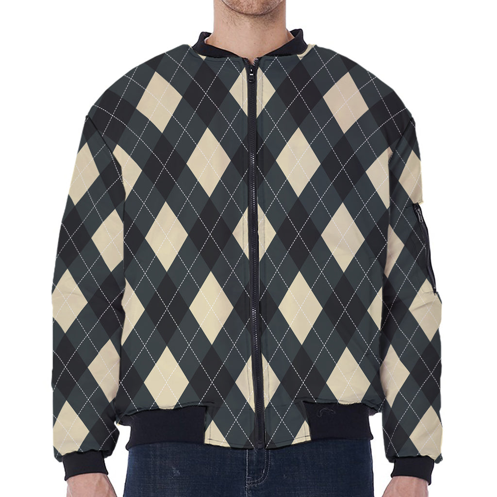Spruce Blue And Beige Argyle Print Zip Sleeve Bomber Jacket