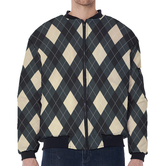 Spruce Blue And Beige Argyle Print Zip Sleeve Bomber Jacket