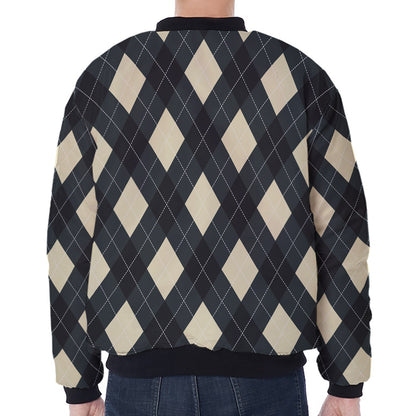 Spruce Blue And Beige Argyle Print Zip Sleeve Bomber Jacket
