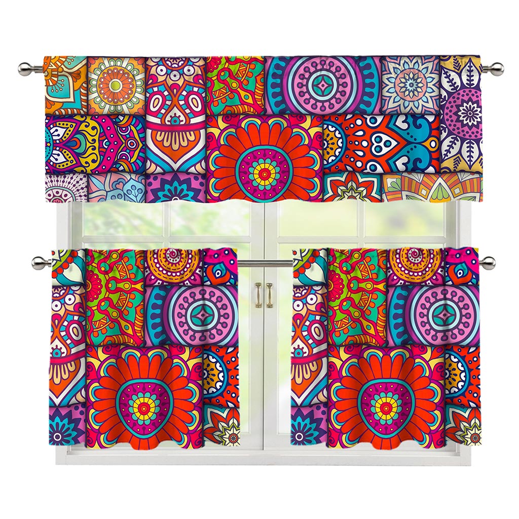 Square Bohemian Mandala Patchwork Print 3 Piece Kitchen Curtains