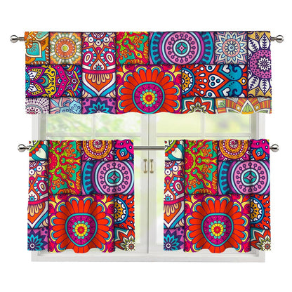 Square Bohemian Mandala Patchwork Print 3 Piece Kitchen Curtains