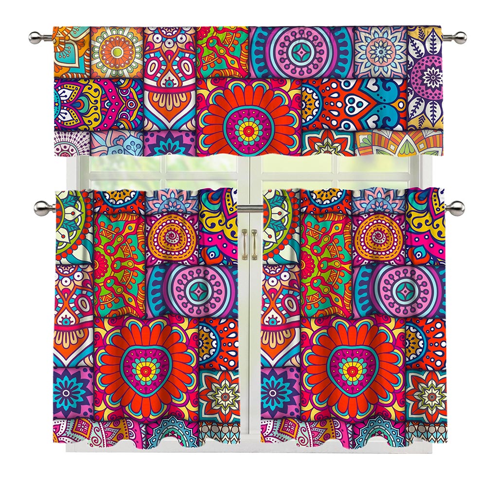 Square Bohemian Mandala Patchwork Print 3 Piece Kitchen Curtains
