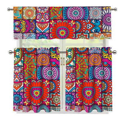 Square Bohemian Mandala Patchwork Print 3 Piece Kitchen Curtains